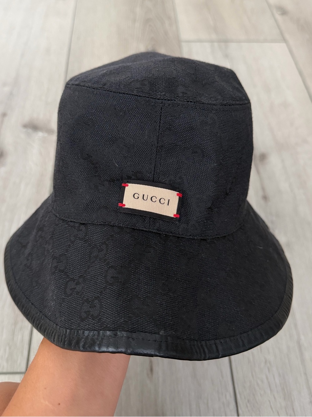 Men’s wool/tweed reversible Gucci Black Monogram Bucket Hat with Logo Patch